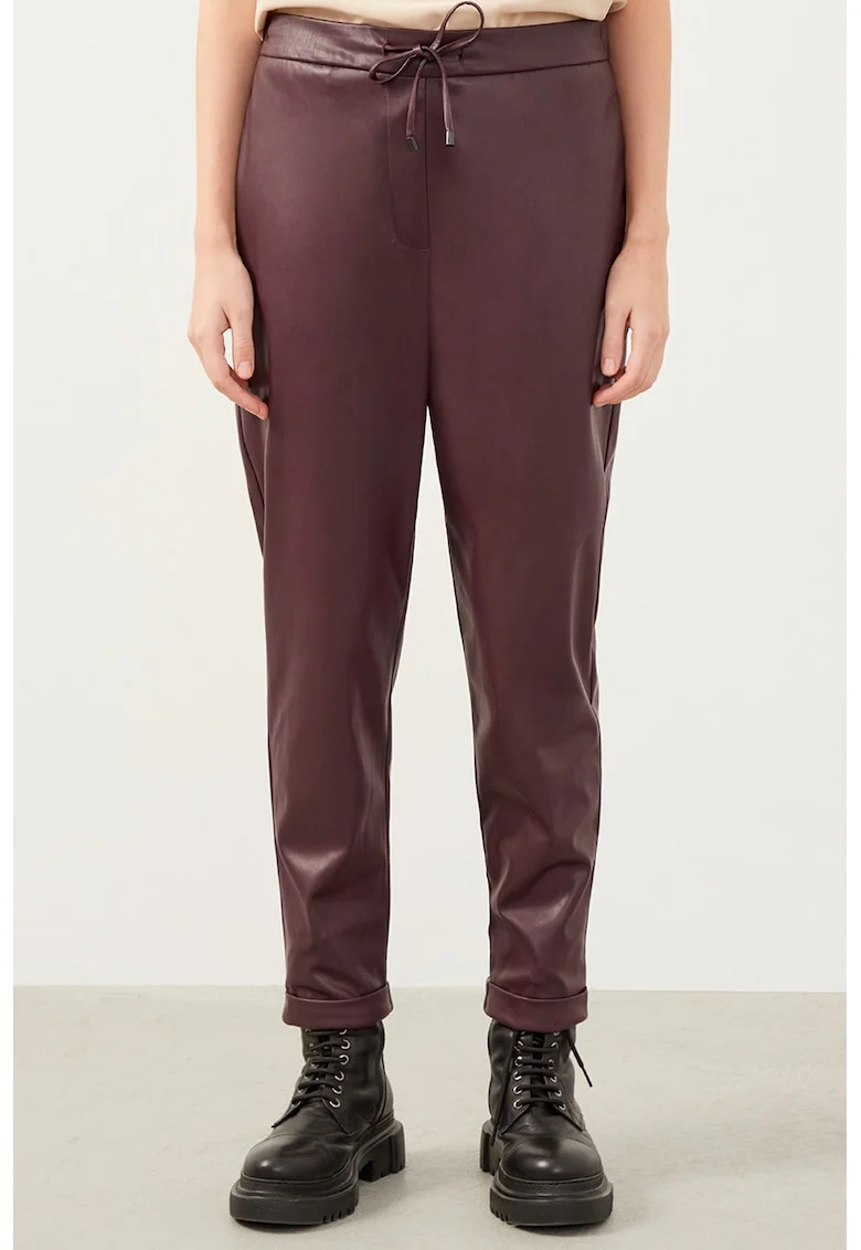 Pantaloni crop cu croiala regular-fit si talie inalta, Rosu inchis