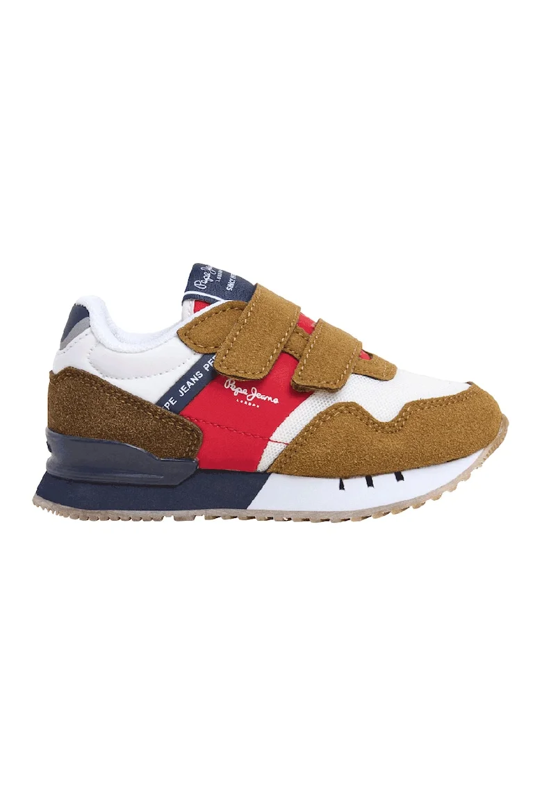 Pantofi sport cu insertii de piele intoarsa sintetica si cu velcro, Rosu/Albastru/Maro camel