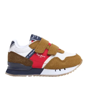 Pantofi sport cu insertii de piele intoarsa sintetica si cu velcro, Rosu/Albastru/Maro camel