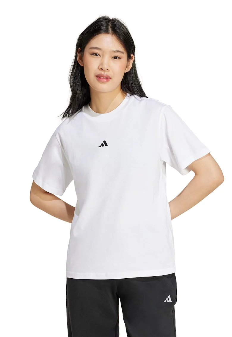 Tricou cu decolteu lrotund si logo discret, Alb/Negru stins