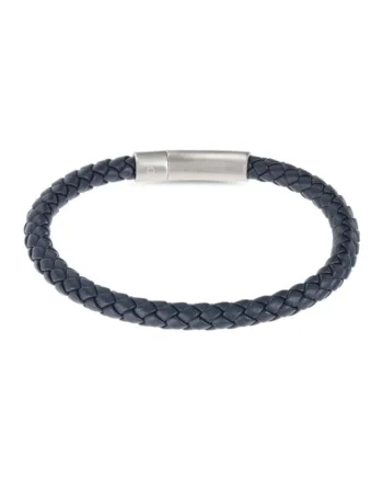 Bratara din piele cu aspect impletit,  Men Fusion, Bleumarin, Argintiu
