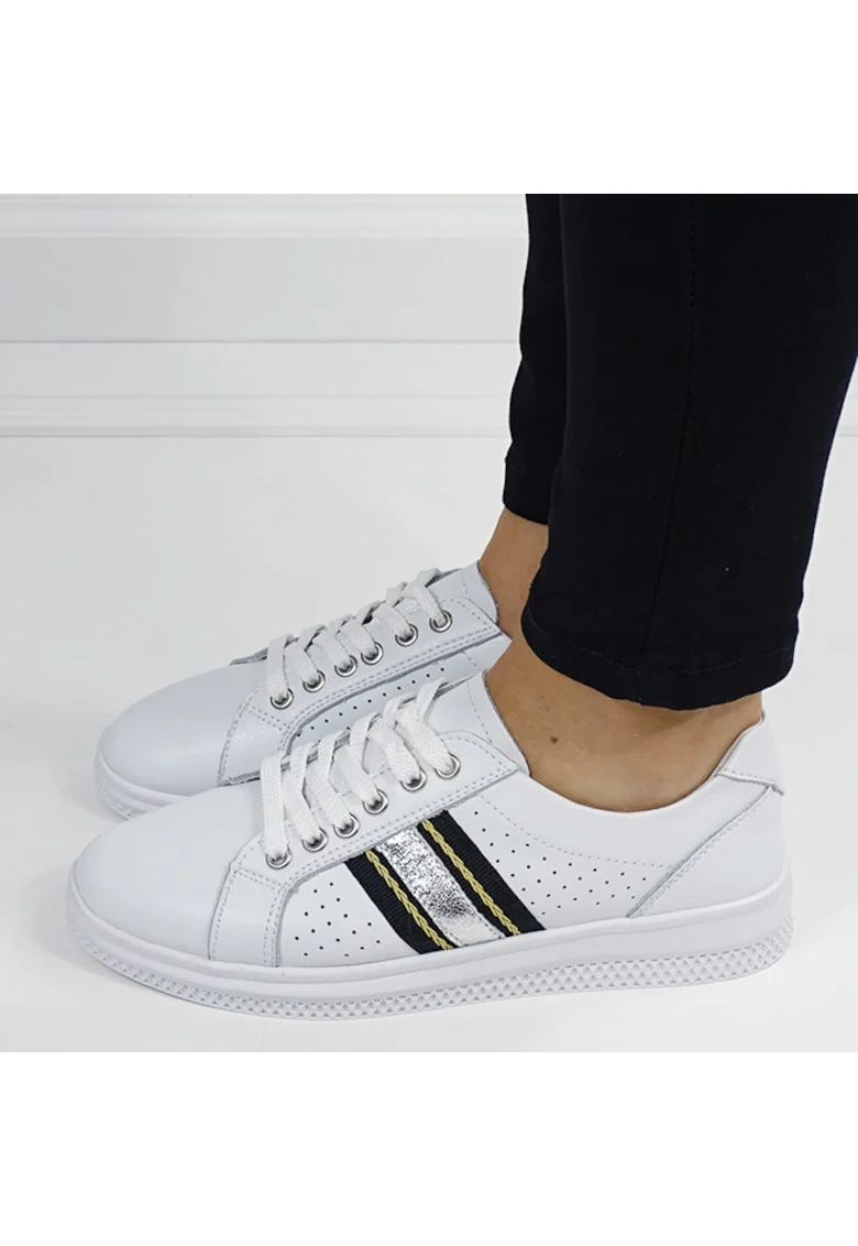 Sneakersi albi cu detalii argintii din piele naturala 5088 M7 16498, Alb