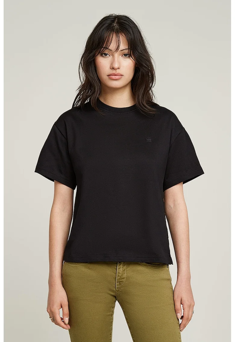 Tricou de bumbac organic cu decolteu la baza gatului, Negru