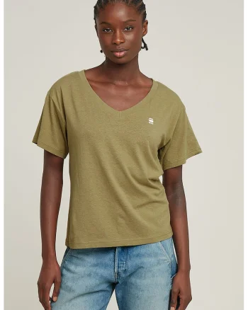 Tricou cu decolteu in V si logo, Verde masliniu