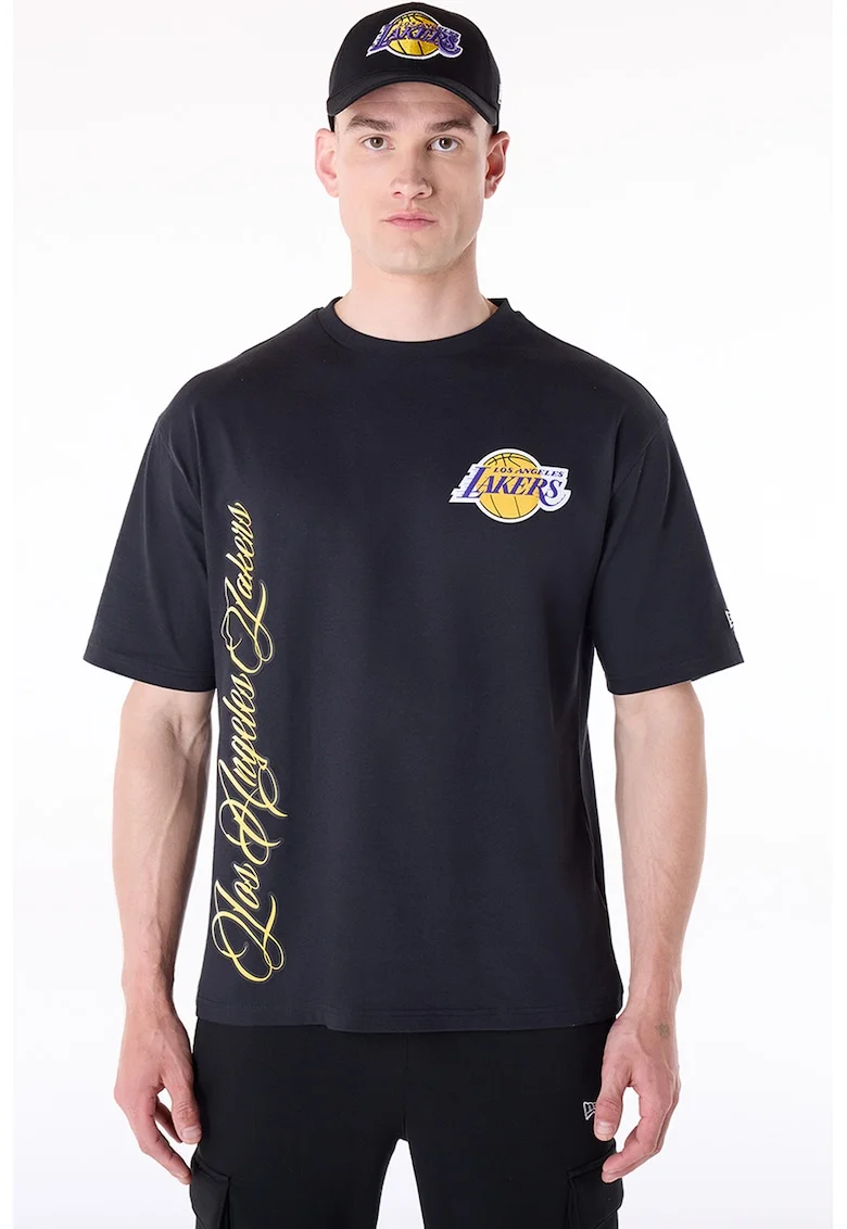 Tricou cu decolteu la baza gatului si logo, Negru/Galben/Violet