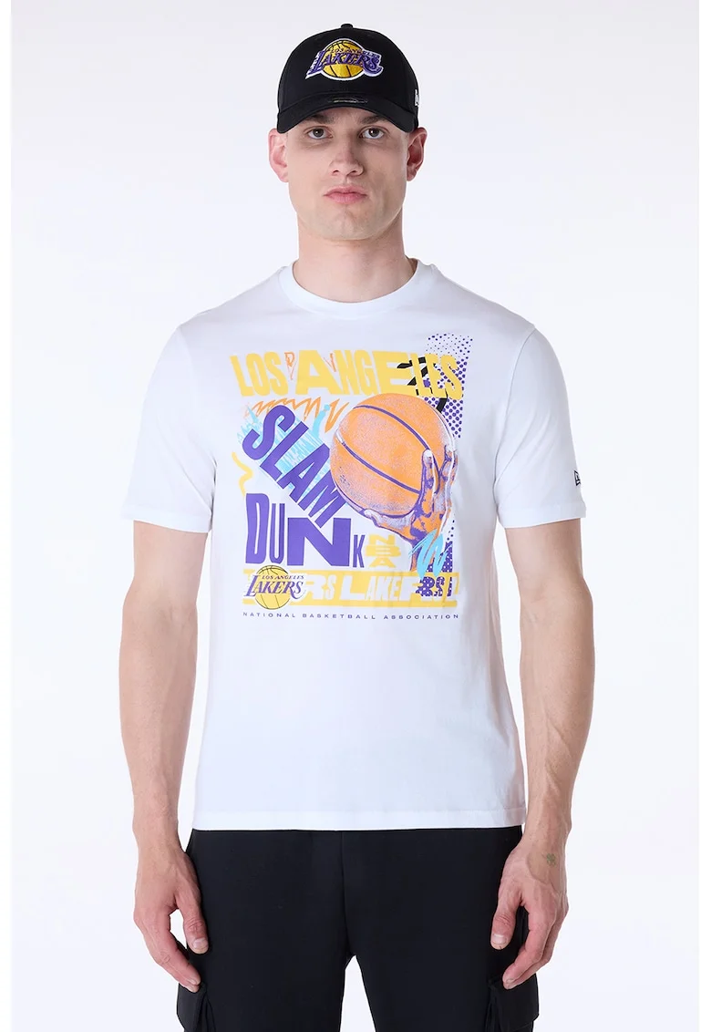Tricou cu imprimeu grafic si text, Galben pal/Alb optic/Albastru indigo