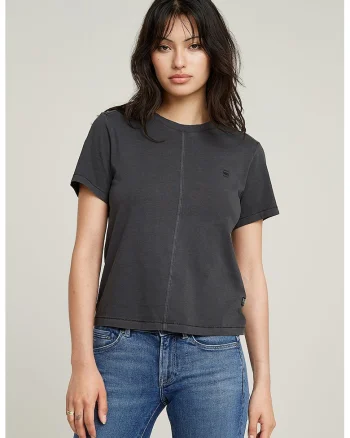 Tricou de bumbac organic cu decolteu la baza gatului, Gri inchis
