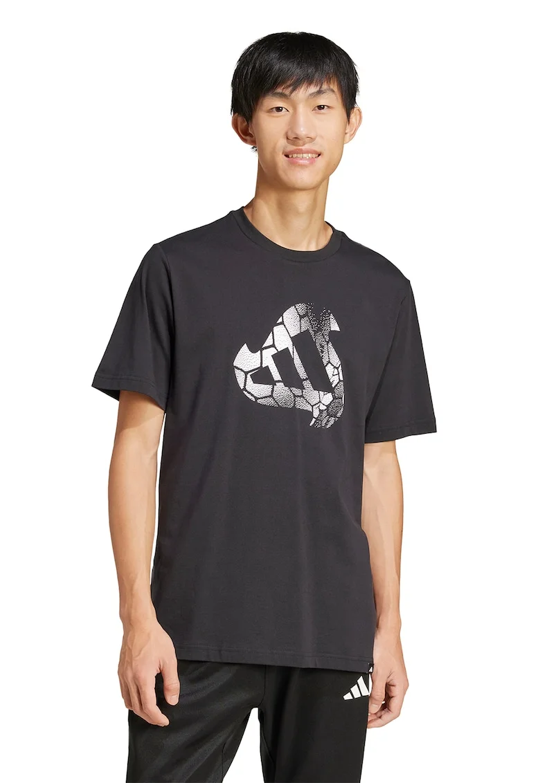 Tricou cu decolteu la baza gatului si logo, Negru/Alb murdar