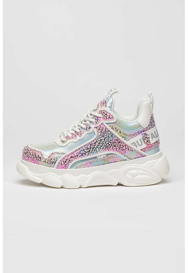 Pantofi sport de piele ecologica cu logo, Albastru pastel/Fucsia/Alb murdar