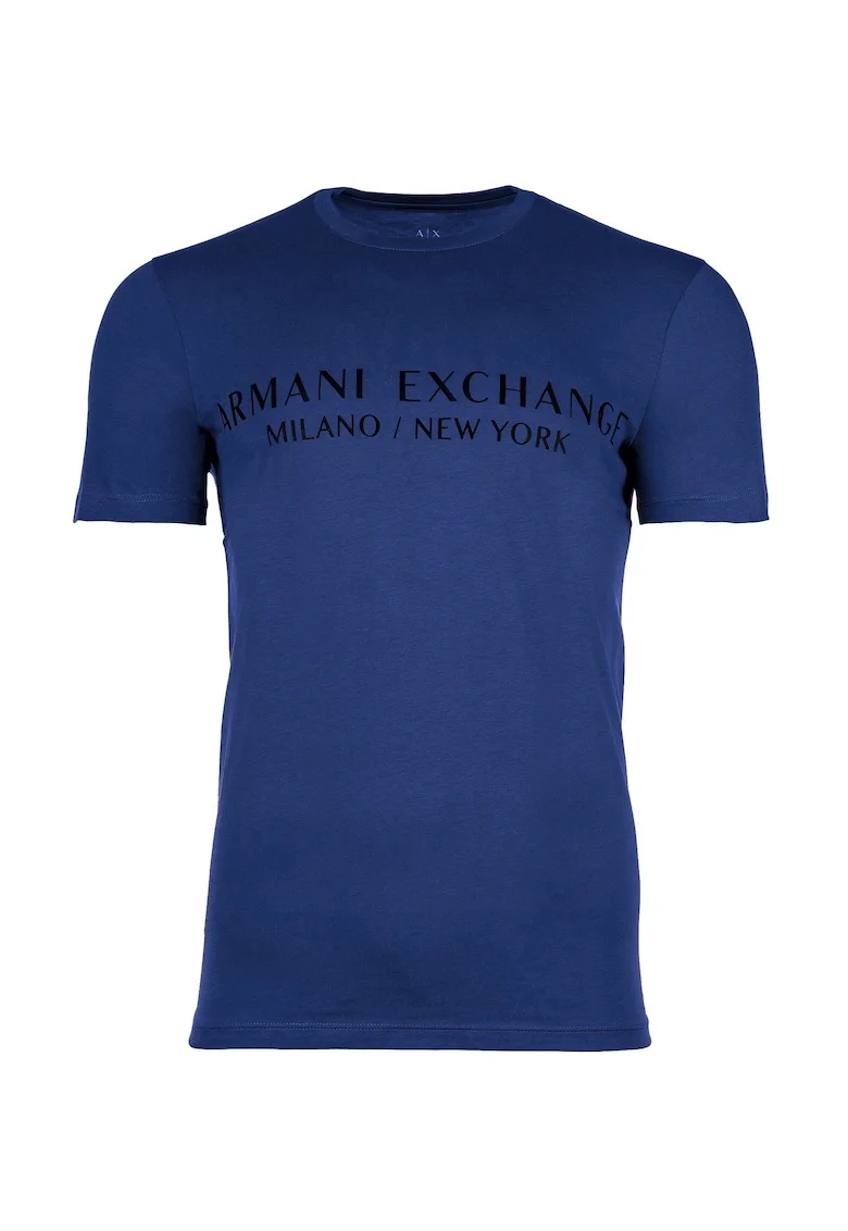 Tricou de bumbac cu decolteu la baza gatului si imprimeu logo, Albastru indigo