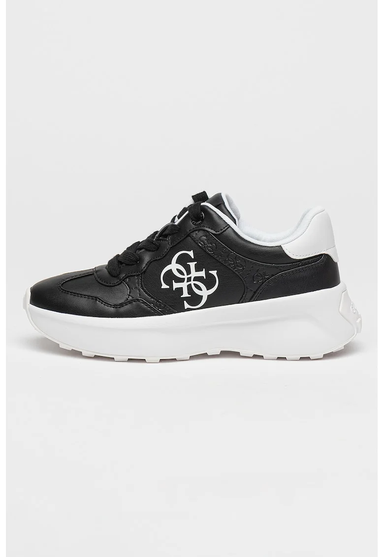 Pantofi sport de piele ecologica cu logo, Alb/Negru