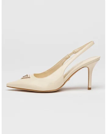 Pantofi slingback cu toc stiletto si aspect lacuit, Crem