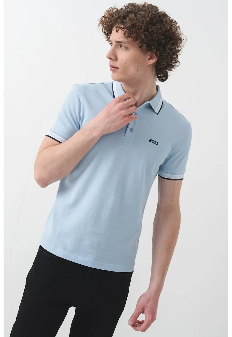 Tricou polo regular fit din bumbac pique cu margini contrastante Paddy, Alb/Albastru pastel
