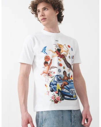 Tricou slim fit cu imprimeu grafic, Galben/Albastru inchis/Alb optic