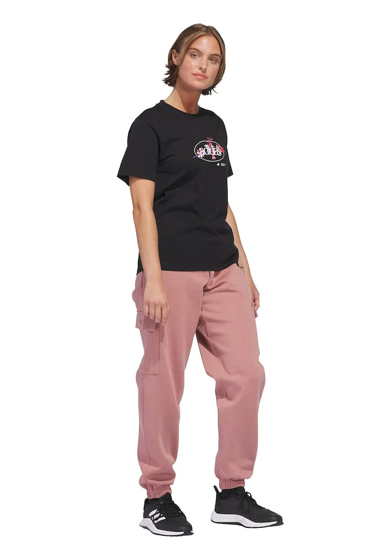 Tricou cu imprimeu logo si decolteu la baza gatului, Negru/Coral/Alb optic
