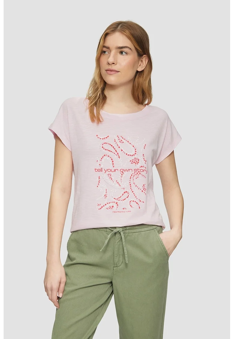 Tricou cu decolteu la baza gatului si model grafic, Alb/Roz aprins/Roz pastel