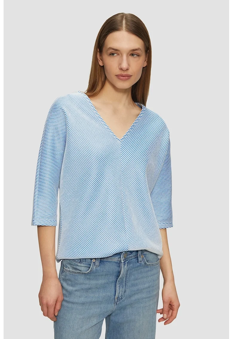Bluza cu decolteu in V si model cu dungi, Alb/Albastru lavanda