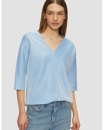 Bluza cu decolteu in V si model cu dungi, Alb/Albastru lavanda