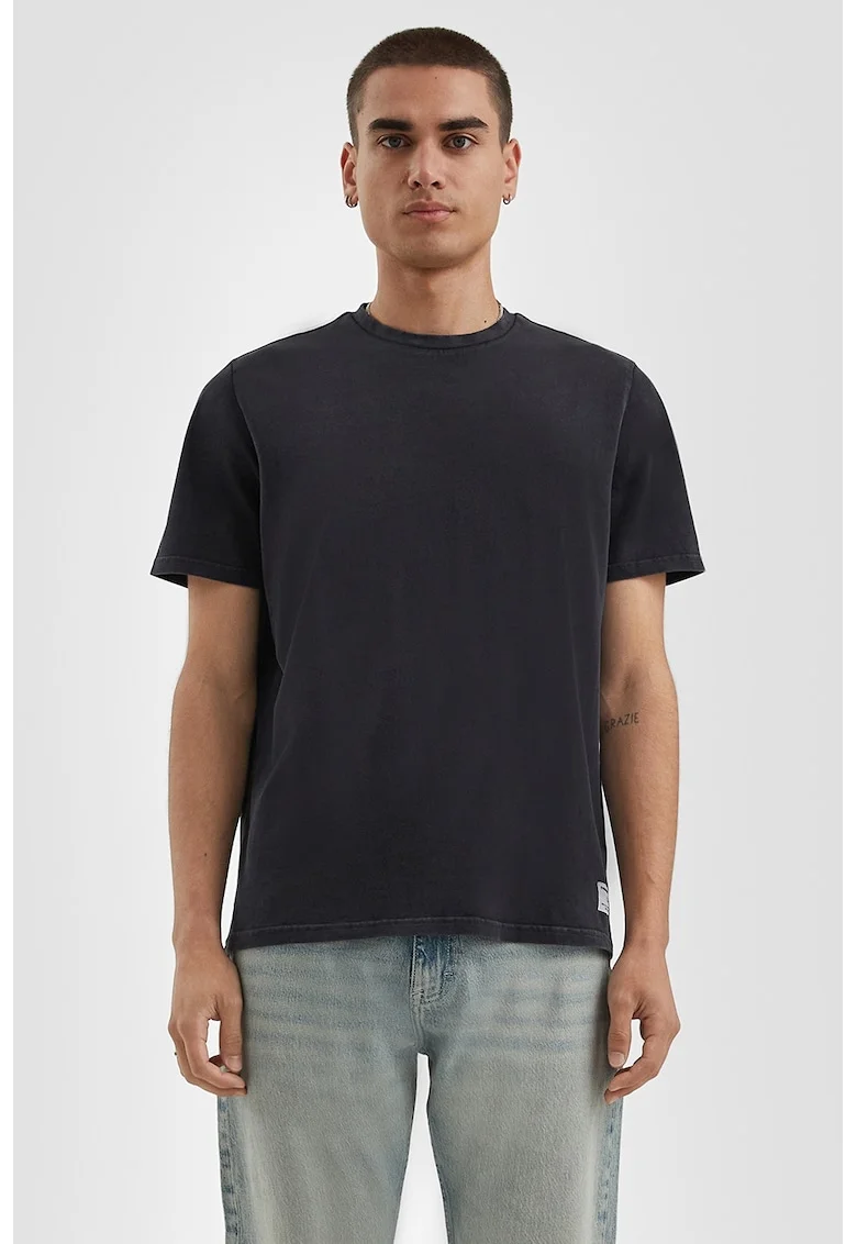 Tricou de bumbac cu decolteu la baza gatului, Negru stins