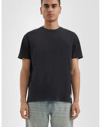 Tricou de bumbac cu decolteu la baza gatului, Negru stins