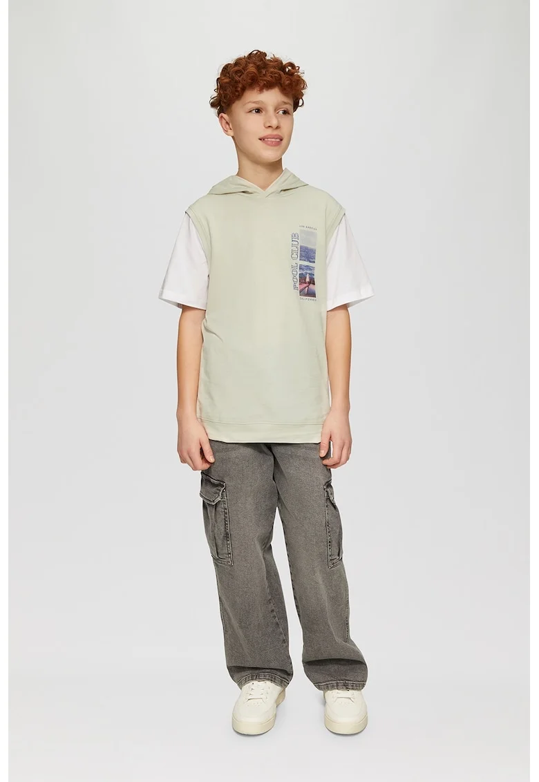 Tricou cu gluga cu maneci contrastante, Alb murdar