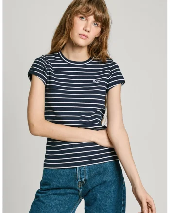Tricou slim fit cu dungi, Alb optic/Bleumarin