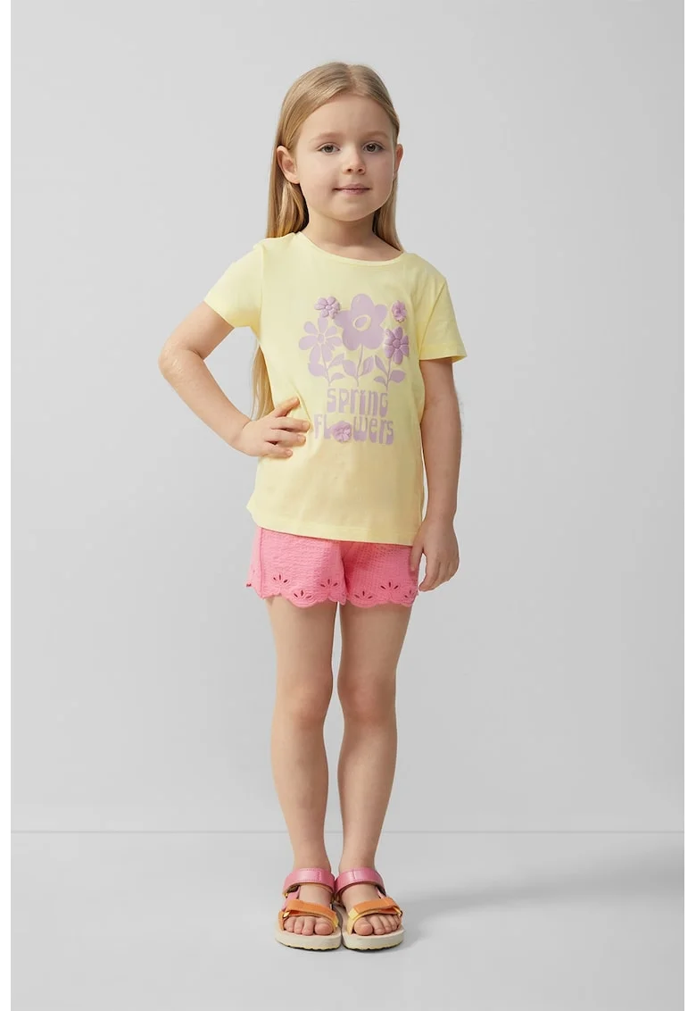 Tricou cu decolteu la baza gatului si imprimeu, Galben deschis