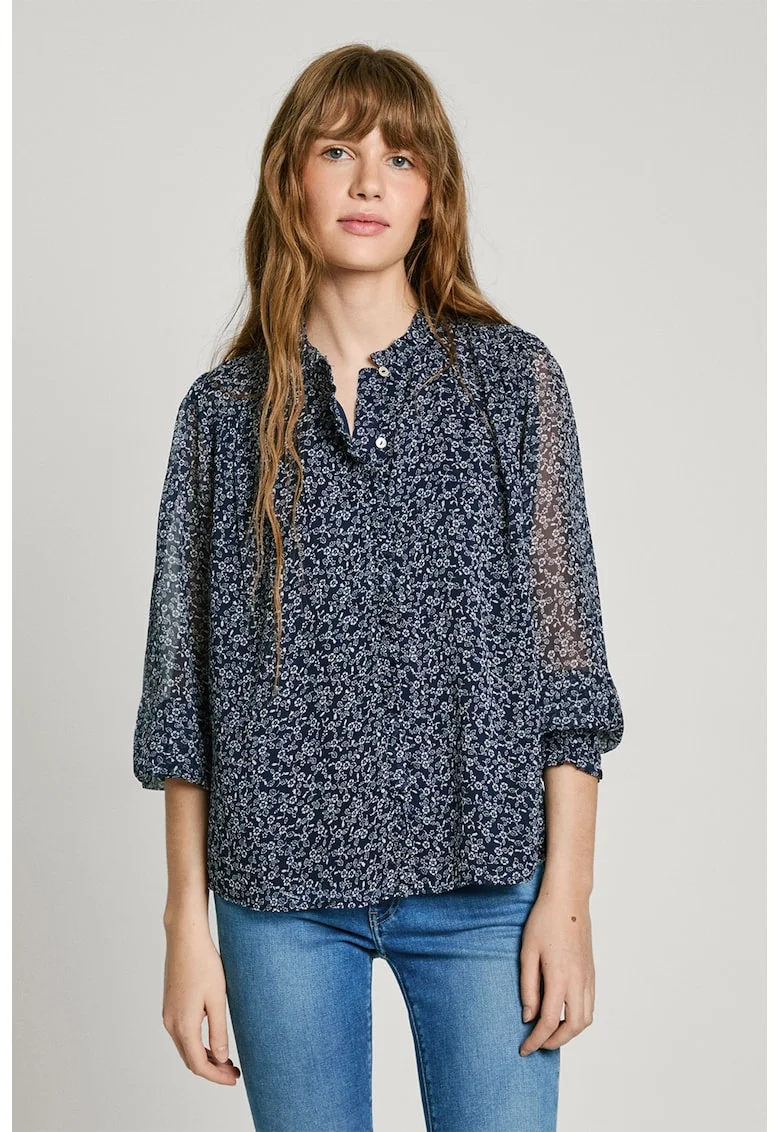 Bluza din sifon cu nasturi, Albastru inchis/Transparent