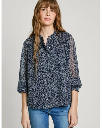 Bluza din sifon cu nasturi, Albastru inchis/Transparent