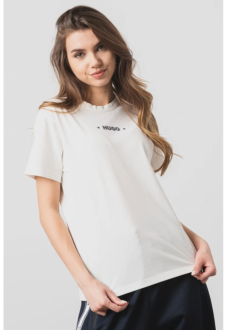 Tricou cu decolteu la baza gatului si imprimeu logo Damacia, Alb
