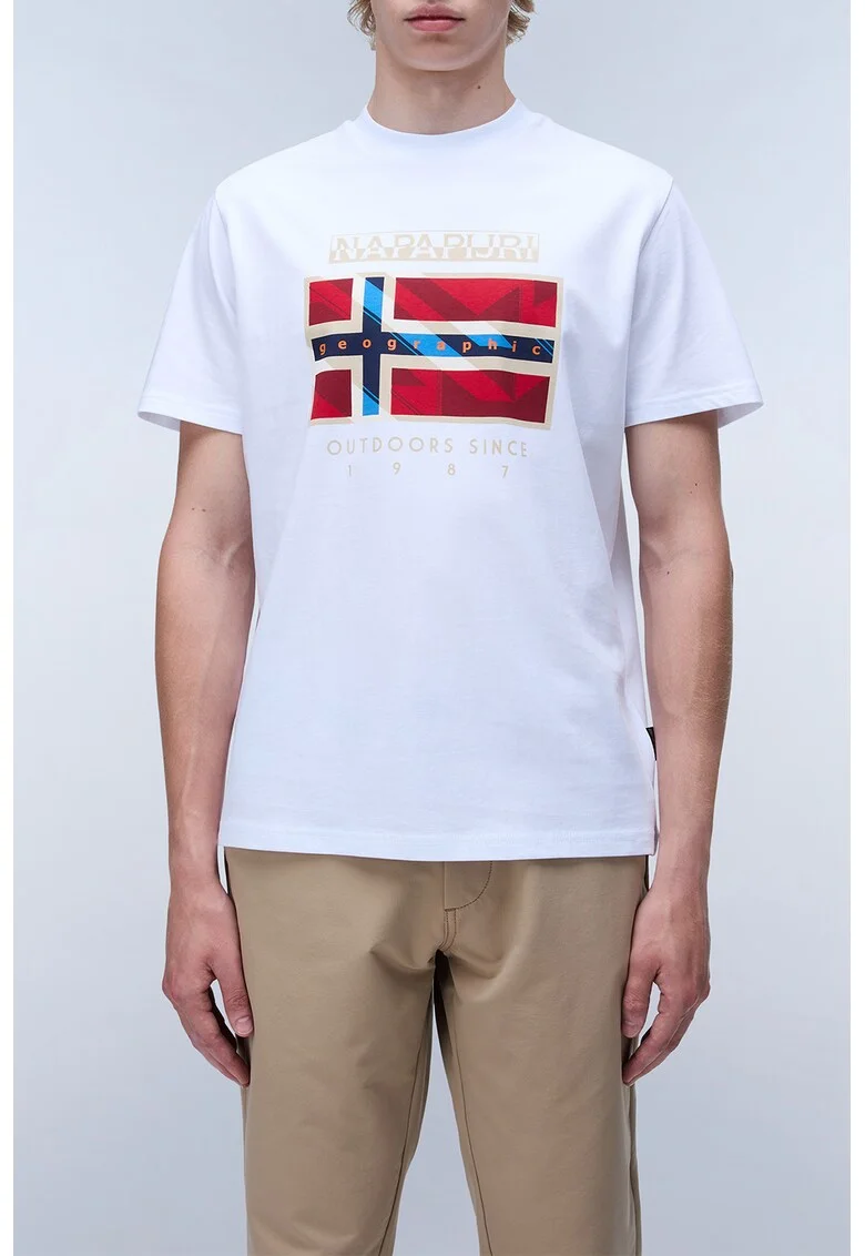Tricou cu model logo si grafic, cu decolteu la baza gatului, Rosu/Alb
