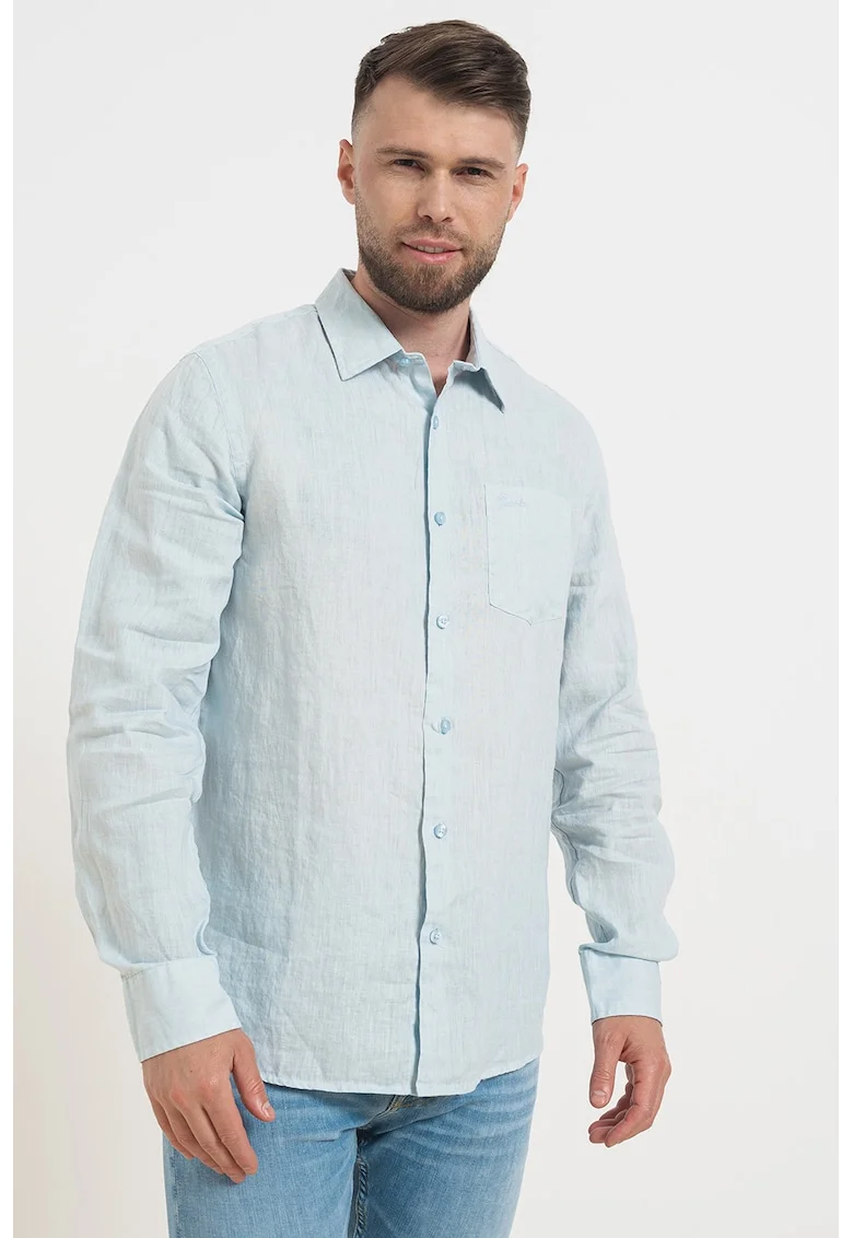 Camasa slim fit din in cu buzunar pe piept, Albastru glaciar