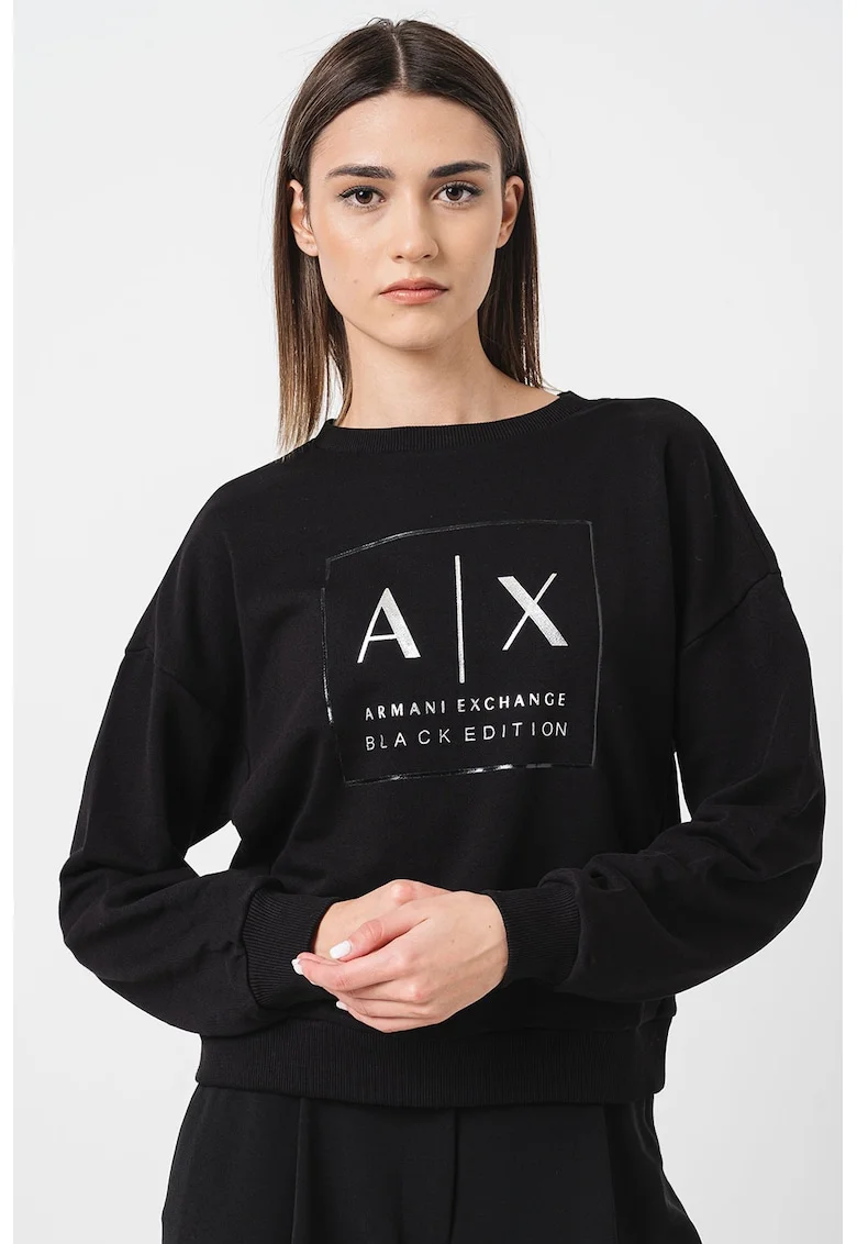 Bluza de trening cu decolteu la baza gatului si logo, Negru/Argintiu
