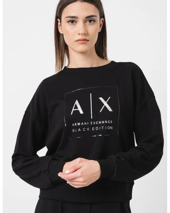 Bluza de trening cu decolteu la baza gatului si logo, Negru/Argintiu