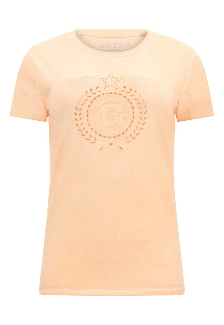 Tricou cu decolteu la baza gatului si logo brodat, Piersica