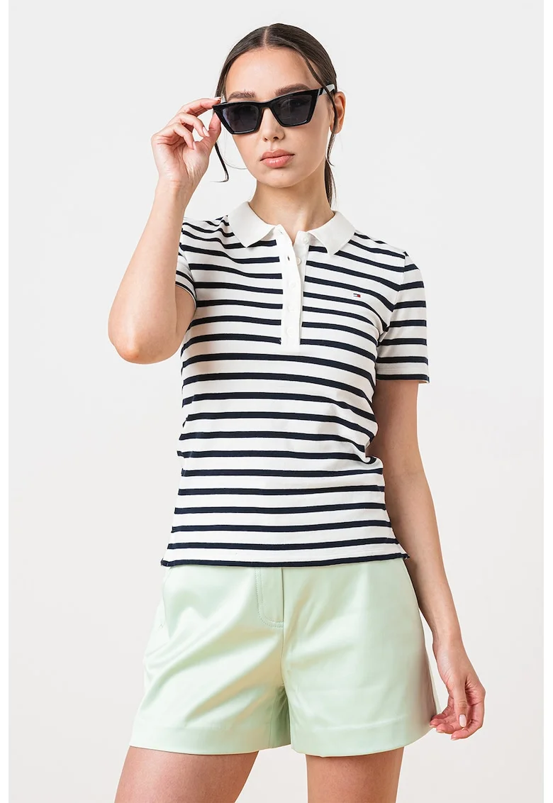 Tricou polo slim fit din amestec de bumbac organic 1985, Alb/Bleumarin