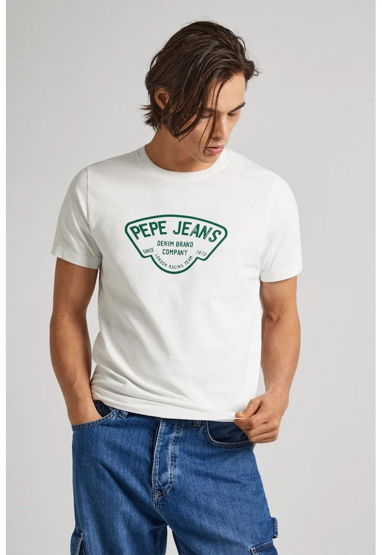 Tricou cu decolteu la baza gatului si imprimeu logo, Alb