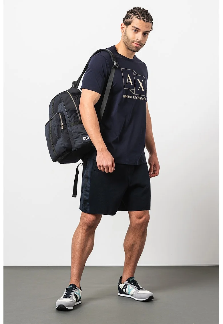 Tricou de bumbac cu decolteu la baza gatului, Bleumarin