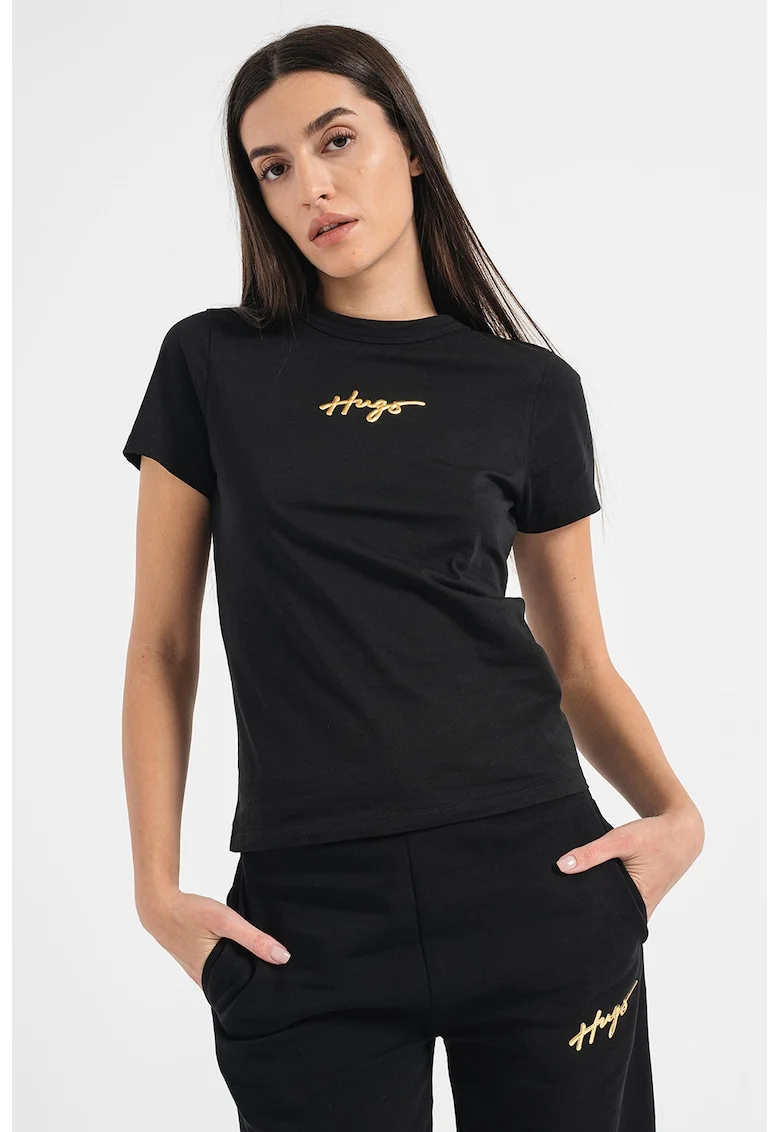 Tricou cu decolteu la baza gatului si logo, Auriu/Negru