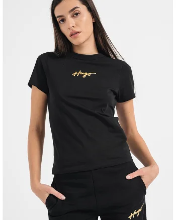 Tricou cu decolteu la baza gatului si logo, Auriu/Negru
