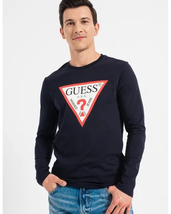 Bluza cu decolteu la baza gatului si imprimeu logo, Bleumarin