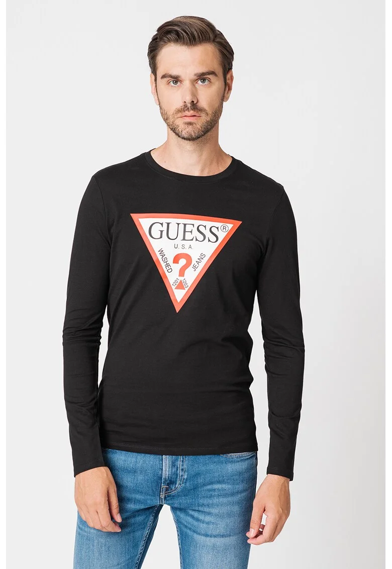 Bluza cu decolteu la baza gatului si imprimeu logo, Negru