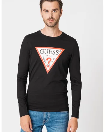 Bluza cu decolteu la baza gatului si imprimeu logo, Negru