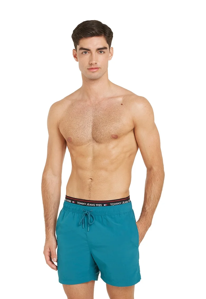 Pantaloni scurti de baie cu banda logo elastica, Albastru petrol