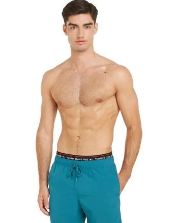 Pantaloni scurti de baie cu banda logo elastica, Albastru petrol
