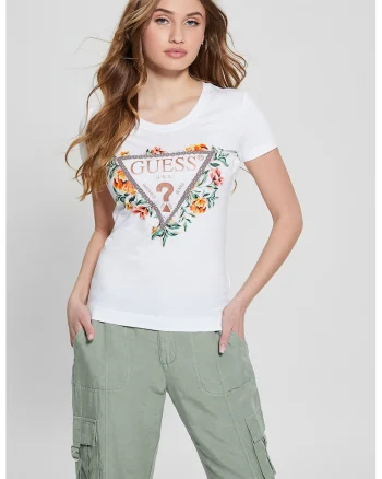 Tricou de bumbac cu imprimeu floral si logo, Alb