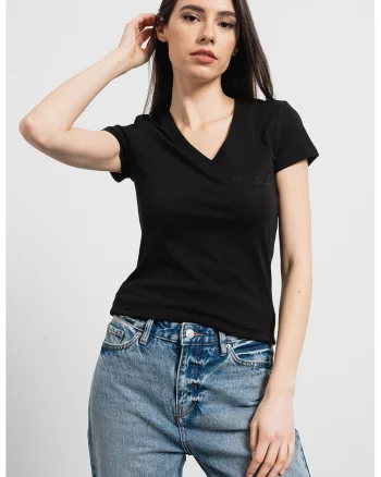 Tricou din bumbac cu decolteu in V, Negru