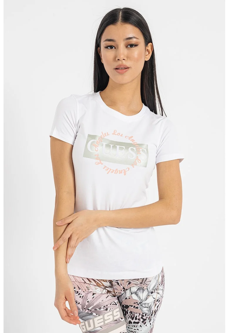 Tricou slim fit cu imprimeu logo, Alb
