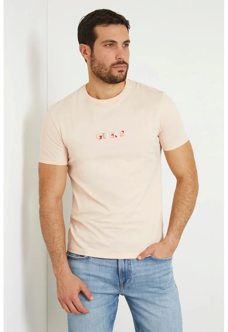 Tricou slim fit cu decolteu la baza gatului, Piersica