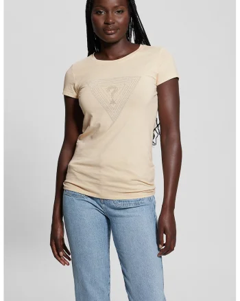 Tricou cu logo cu strasuri, Crem